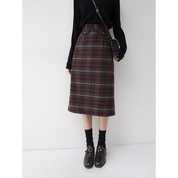 束恩 羊毛混紡格子直筒高腰中長款2025紫紅色毛呢a字半身裙春秋款