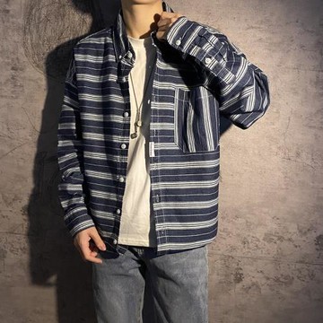 弗瑞格 日系港仔痞帥工裝條紋拼色復古牛仔襯衫襯衣休閑外套潮男