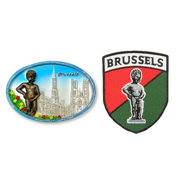 造型布貼＋磁鐵【2件組】 比利時尿尿小童 MANNEKEN PIS磁性家居裝飾＋布魯塞爾 大門磁鐵 彩色磁鐵_廠商直送