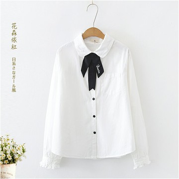 2021秋裝新款韓版文藝領結長袖襯衫女學生少女小清新打底白色襯衣
