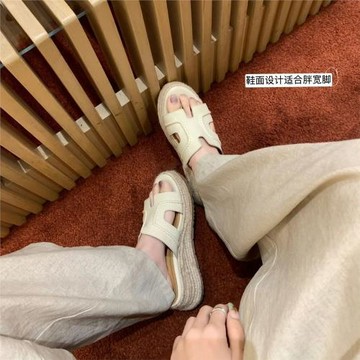 現貨~趙露思同款2025新款夏外穿休閑復古草編一字增高跛跟涼拖鞋