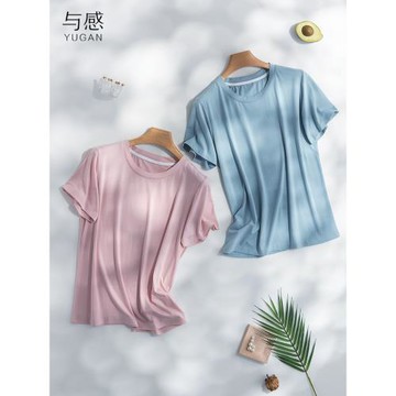 女士莫代爾夏季薄款短袖睡衣夏天冰絲棉綢上衣寬松單件T恤家居服