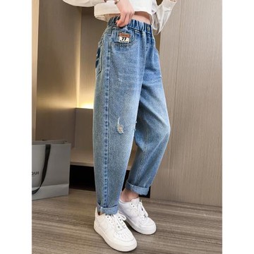 女童牛仔褲春秋款2025新款大童韓版時尚老爹褲兒童秋季網紅長褲