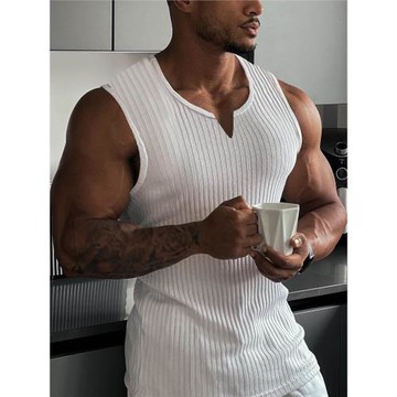2023夏季休閑豎條紋背心男士運動健身工字V領寬肩T恤Men T-Shirt