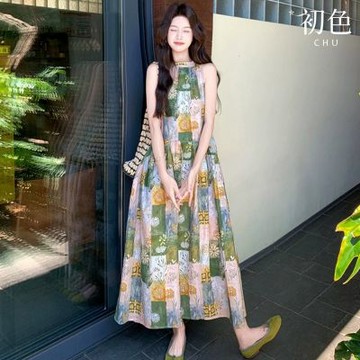 初色 法式復古格紋印花掛脖領無袖寬鬆大裙襬A字裙中長裙長裙連衣裙連身洋裝-花色-51158(M-XL可選)
