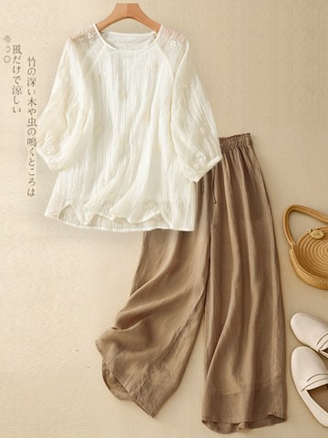 棉麻套裝女  媽媽夏裝2025新款女士棉麻亞麻短袖套裝高端苧麻七分袖上衣兩件套