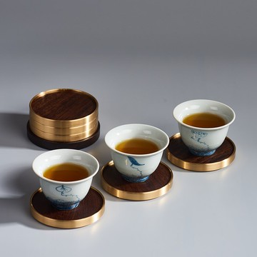 黑檀木實木杯墊黃銅功夫茶具配件茶杯托防燙隔熱茶道家用組合套裝