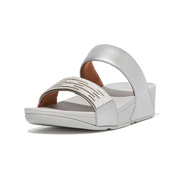 LULU LASERCRYSTAL LEATHER SLIDES雕刻及水鑽造型雙帶涼鞋−銀色