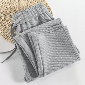 2024新款春秋直筒褲女華夫格闊腿褲高腰休閑運動褲灰色寬松衛褲潮