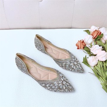 2024夏秋新款水鉆單鞋尖頭淺口平底豆豆鞋女軟底百搭瓢鞋滿鉆女鞋