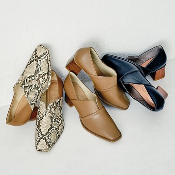 洗鍊V口方頭木紋粗跟鞋 (31311)