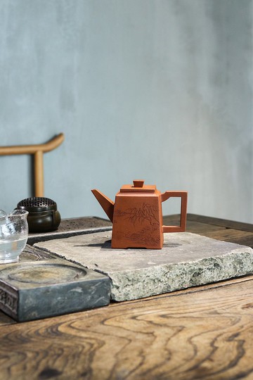 送禮紫砂壺茶壺升方 通刻山水  降坡泥 400ml 刘素素 全手工制