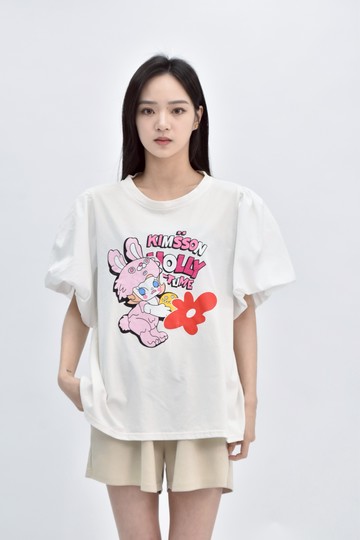 (XL) 印花白色短袖上衣