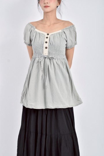 (S) V領點點公主袖灰色短袖上衣