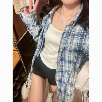 💛限時下殺💛【5996人好評】2024新款森係潮流藍色格紋襯衫外套女寬鬆休閒遮肉中長款襯衣外穿