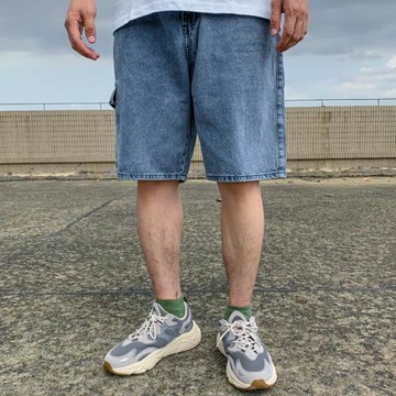 胖子重磅牛仔短褲男大碼口袋寬松復古運動褲潮流夏季肥佬五分褲子