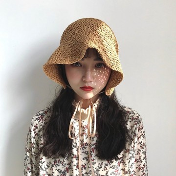🌞帽子女夏韓版文藝復古手工鉤針素色草帽草編盆帽日系小清新可愛沙灘遮陽帽太陽帽優質