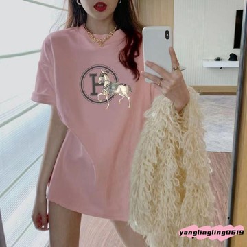 🧊【夏季必備】100%純棉印花短袖T恤女 大尺碼寬鬆上衣 休閒上衣 顯瘦短袖上衣 圓領百搭上衣 寬鬆 舒適 純棉 中長