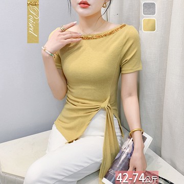 一字領亮片織帶飄帶開衩上衣(2色) M-4XL【295204X】【現+預】☆流行前線☆