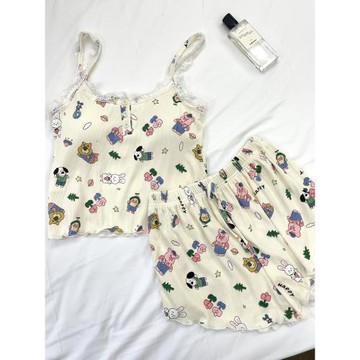 2024年新款帶胸墊睡衣女吊帶短褲莫代爾卡通純棉甜美純欲風家居服