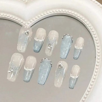 ✨台灣出貨✨【4.1萬人收藏】穿戴甲半手工秋冬氣質氛圍藍色法式清新貓眼蝴蝶美甲可拆卸指甲