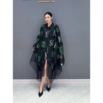 2025秋季新款韓版氣質休閑POLO領印花字母拼接網紗襯衣連衣裙女裝