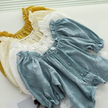 減齡木耳邊短款方領襯衫女夏季港風設計感小眾泡泡袖上衣短袖小衫