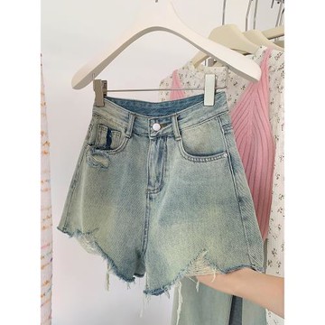 辣妹破洞毛邊牛仔短褲女2025年秋季新款小個子高腰闊腿a字熱褲子