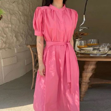 韓國chic夏季法式優雅立領別致單排扣系帶收腰泡泡袖長款連衣裙女