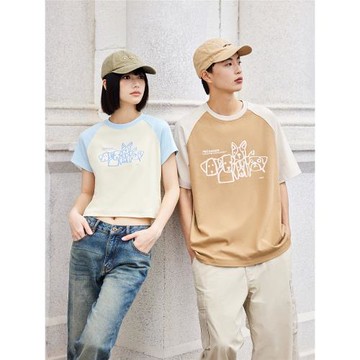 PSO Brand男裝女裝線條涂鴉小狗純棉插肩袖短袖T恤夏季潮牌情侶裝