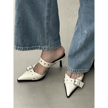 法式包頭涼鞋女尖頭半拖鞋夏季外穿2025新款皮帶扣細跟高跟涼拖鞋