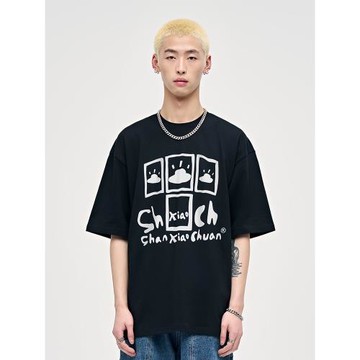 山小川潮牌趣味云朵圖案短袖男款夏季潮流2025t恤男寬松純棉體恤