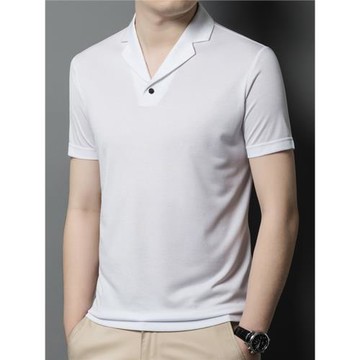 夏季桑蠶絲男翻領冰絲薄款短袖t恤輕奢無痕男裝純色半袖V領polo衫