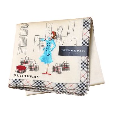 BURBERRY 米白底時尚女子刺繡斜格紋滾邊字母LOGO圖騰帕領巾(51CM)