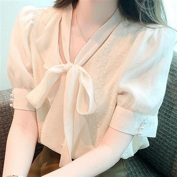 【巴黎精品】現貨+預購 女雪紡上衣短袖襯衫法式名媛氣質OL西裝蕾絲休閒女裝-五分袖蝴蝶結泡泡袖a1kc53