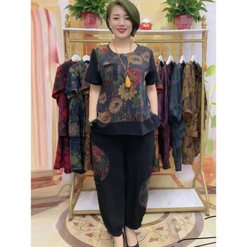 中老年媽媽裝真絲套裝夏季新款復古民族風洋氣兩件套加肥加大女裝
