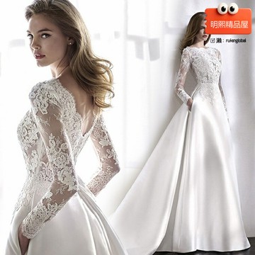 【顯瘦露背】新娘婚紗 緞面婚紗 蕾絲婚紗 長袖婚紗 拖尾婚紗 露背設計 秋季新款 外貿直供 2025時尚趨勢