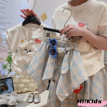 女童套裝 可愛兒童洋氣卡通短袖上衣+格子裙兩件套 公主風 薄款 小女孩休閒套裝H4