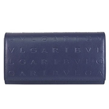 BVLGARI 寶格麗 292909 烙印字母LOGO翻蓋零錢多卡長夾.深藍