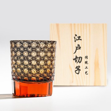 日式江戶切子 琥珀綾光手工切割威士忌杯 黑色 刻字 退休禮物