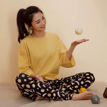 [Banana Pie]-Banana Pie X 美國棉 家居服(素面韓版上衣+印花褲)-1960S黃黑