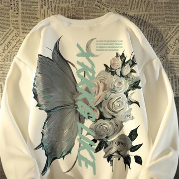 vintage美式印花蝴蝶玫瑰花衛衣女春秋圓領寬松情侶薄款潮牌外套