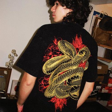 TEE7-蛇年恭喜發財國潮短袖T恤花開富貴水洗做舊純棉復古寬松