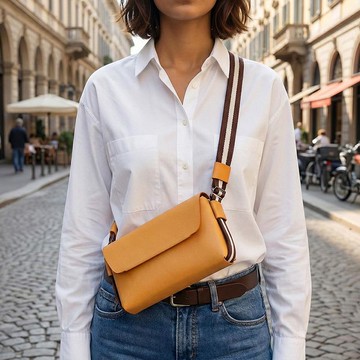 COZI - 義大利植鞣皮革 Mini 斜跨包 肩背包 胸包 - 可收納手機、皮夾、護照、鑰匙、眼鏡或日常必需品 亮駝色 Mini斜跨包+米白色肩背帶