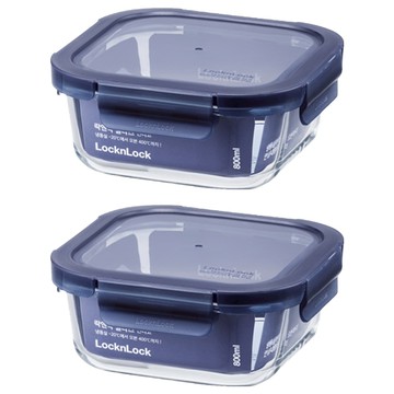 LocknLock 樂扣樂扣 Glass Indigo 耐熱玻璃方形保鮮盒 800ml 海軍藍 2個 Set  盒身 + 上蓋