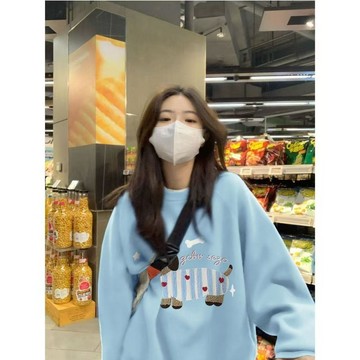 【台灣出貨】長袖帽t 衛衣女 卡通廚師小狗印花長袖上衣女 圓領長袖上衣 刷毛帽t 中長款 寬鬆上衣 顯瘦遮肉 內搭 百搭