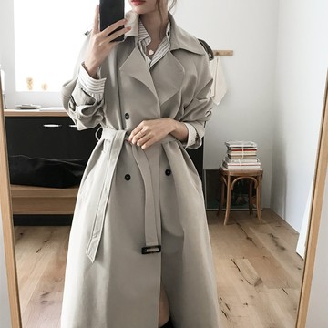 韓版 秋冬 風衣中長款外套法式高級氣質休閒過膝大衣