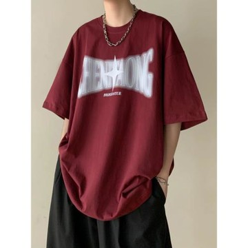 酒紅色純棉t恤男夏季寬松半袖體恤美式復古oversize短袖男生上衣
