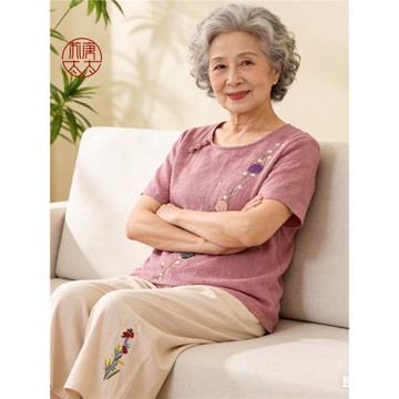 中老年人夏裝女媽媽裝夏季套裝奶奶裝棉麻短袖老太太上衣服50歲60