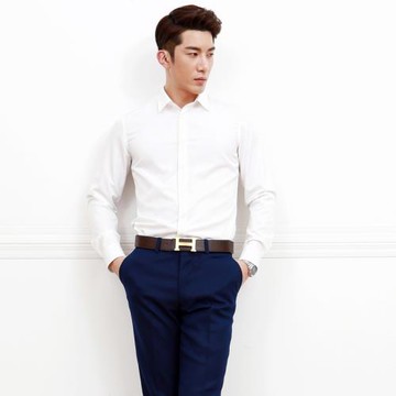 米白色襯衫米長袖襯衫修身潮男滑爽透氣商務春裝9149188菲獅頓男